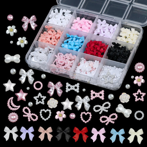 12Grids Mixed Resin Bowknot Nail Art Decorations 3D Aurora Ribbon Bow AB Rhinestones Pearl Flowers Nail Charms DIY Manicure Part