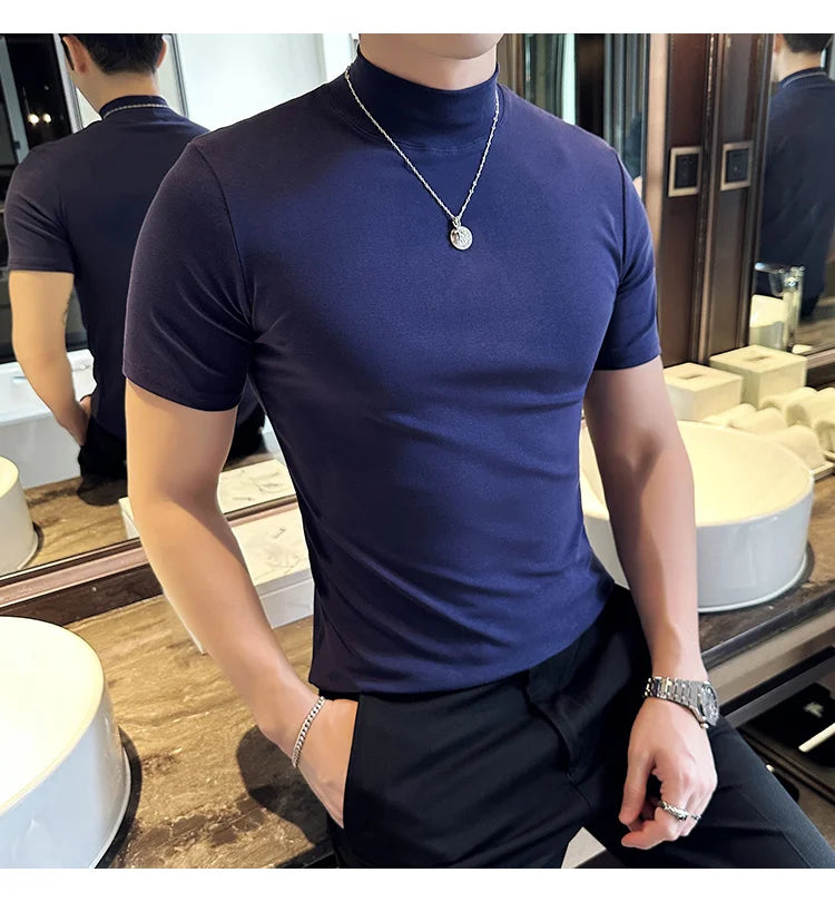 Spring Summer Men's Half High Neck Short Sleeve T-shirt Korean Slim Fit Solid Color Bottom Shirt Casual Cotton Elastic T-shirts