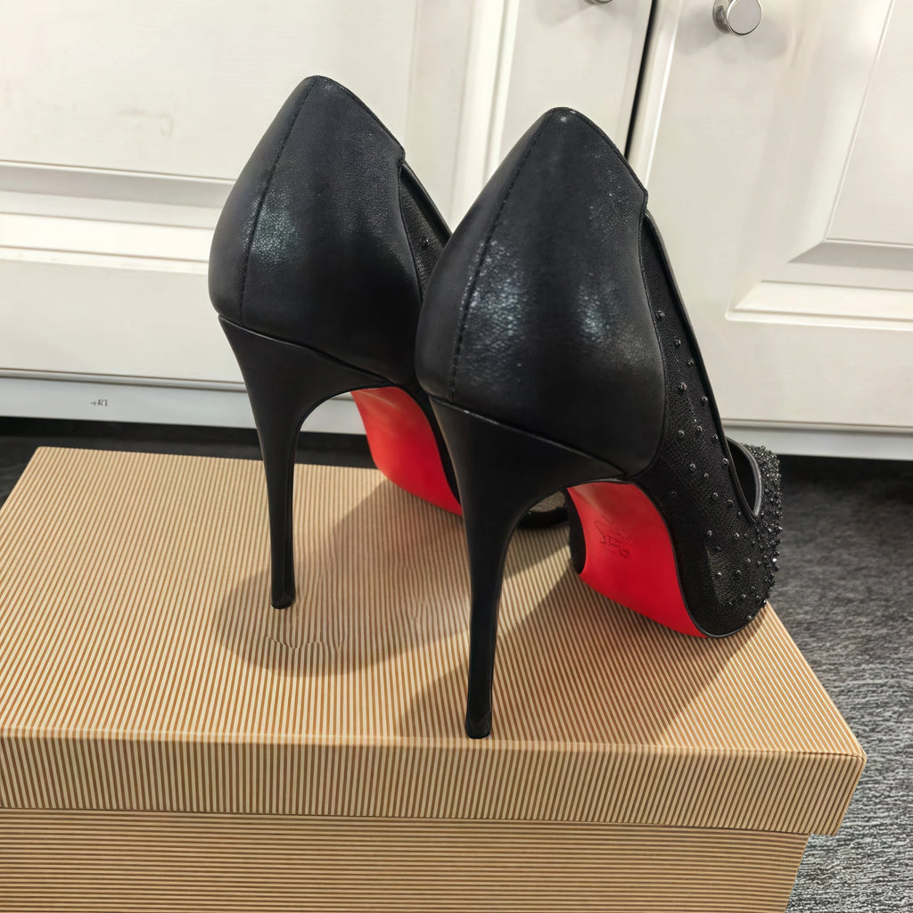 Zapatos de tacón de mujer con encaje de malla negra de lunares, punta afilada, suela roja, tacones altos de 8, 10 y 12 cm, talla 35-42