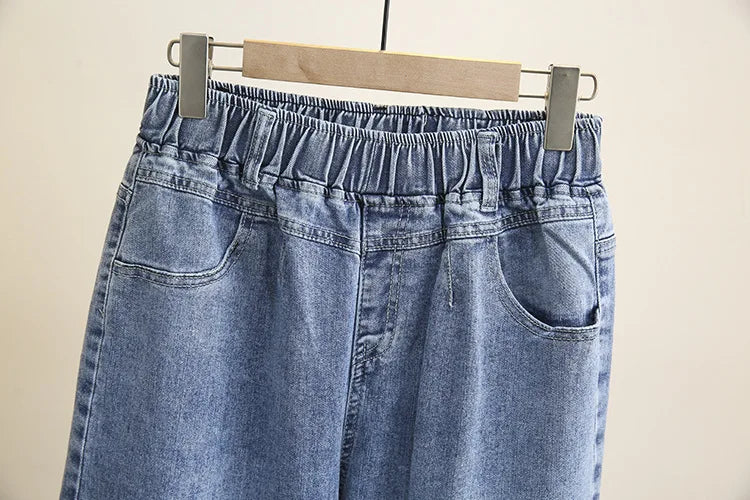 L-6XL Plus Large Size Baggy Jeans Women High Waisted Jeans Woman Mom Jeans Loose Denim Harem Pants Elastic Waist Blue
