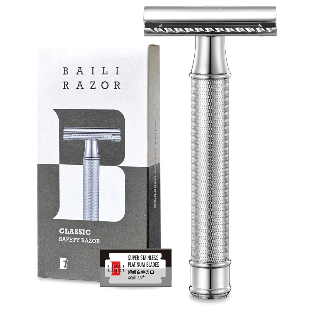 BAILI Double Edge Safety Razor Stainless Steel Wet Shave for Men Women Barber with 5 Platinum Blades Poseidon BRB1-SI