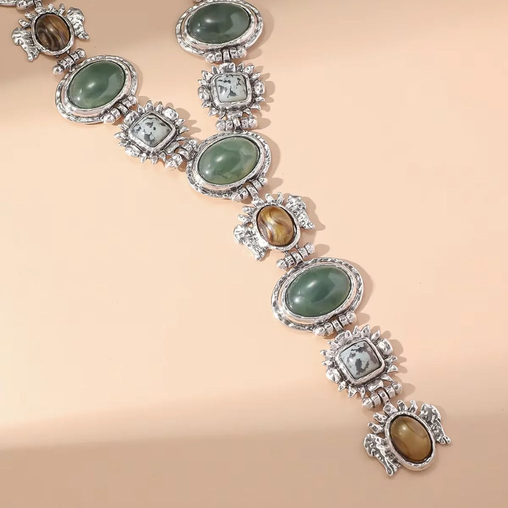 Retro Chunky Chain Geometric Resin Necklace Women's Asymmetrical Metal Necklace Ethnic-Style Jewelry Gift