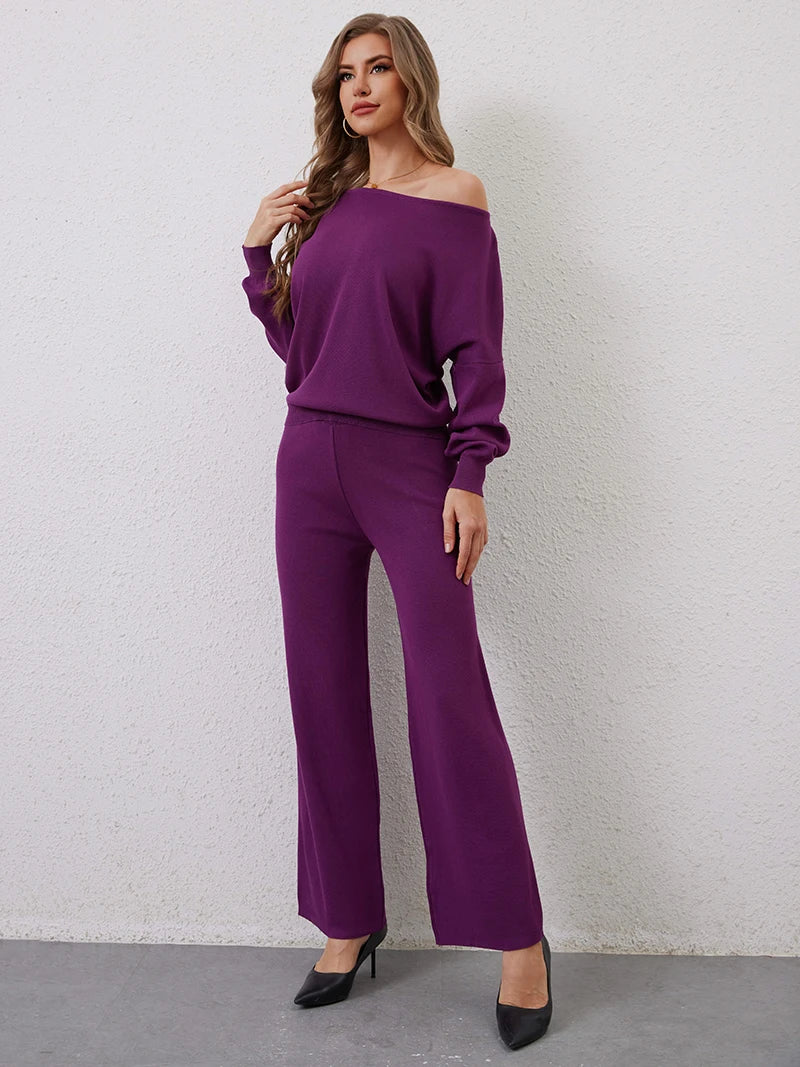 Elegant Winter Knit Pants Set Woman Sexy Loungewear 2 Piece Sweater Matching Sets Women Casual Knitted Two Piece Sets Women 2024