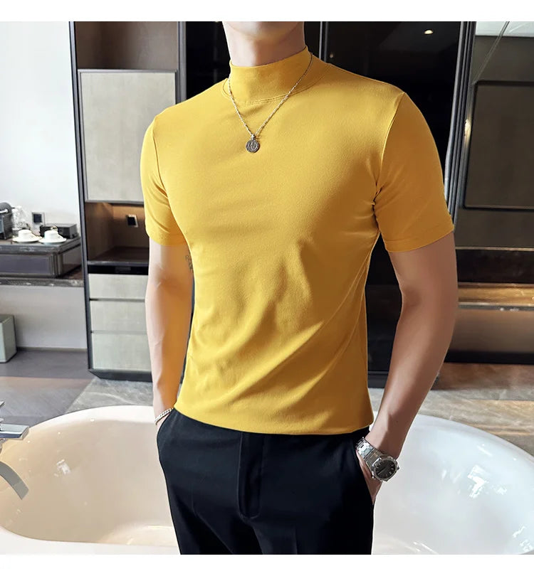Spring Summer Men's Half High Neck Short Sleeve T-shirt Korean Slim Fit Solid Color Bottom Shirt Casual Cotton Elastic T-shirts