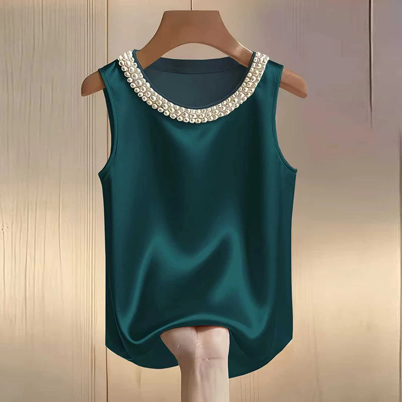 Elegant Satin Shirt Women Summer Bead Design Silk Blouse Women T-Shirts Fashion Loose Vest Women Tank Tops Fashion Lady Tee