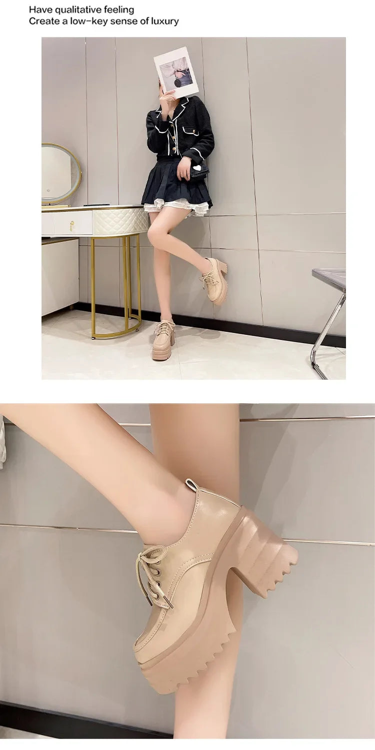 Gothic Chunky High Heels Loafers for Woman New Leather Platform Loafers Female Solid Color Thick Heeled Lolita Shoes 2024