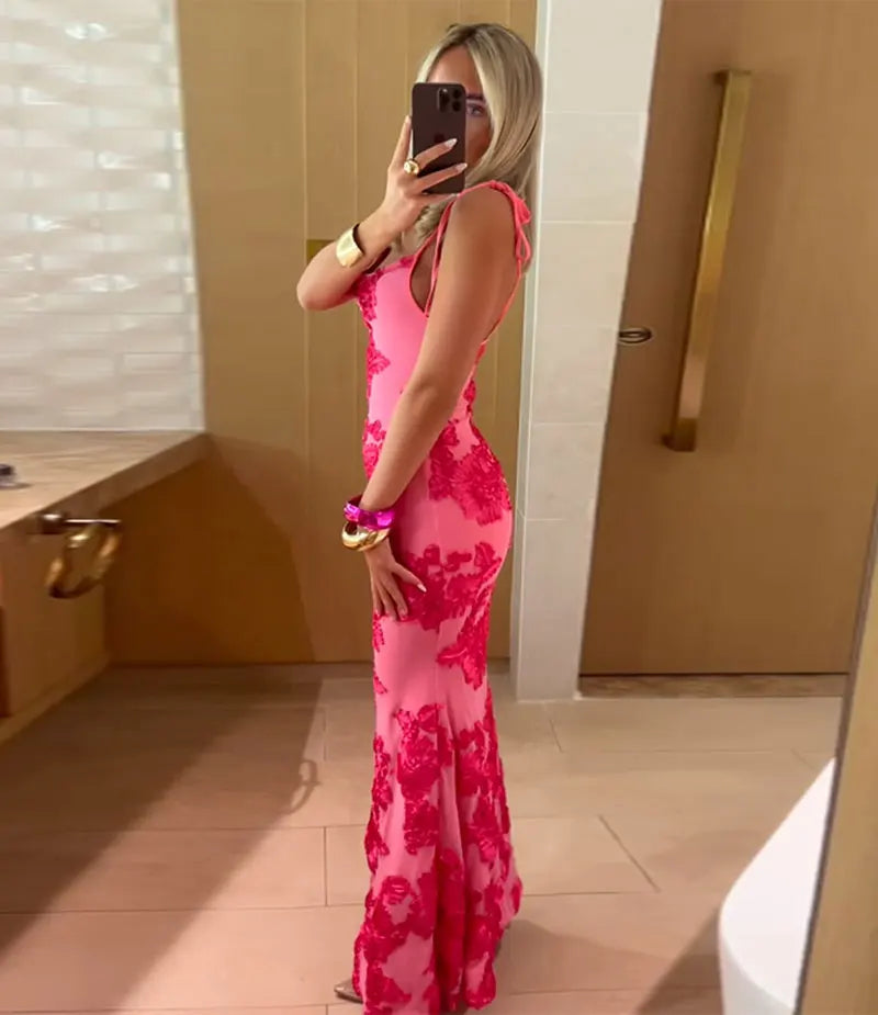 GACVGA Mesh Flare Sleeve Elegant Mini Dress For Women 3D Flower Slim Backless Sexy Bodycon Party Club Dress