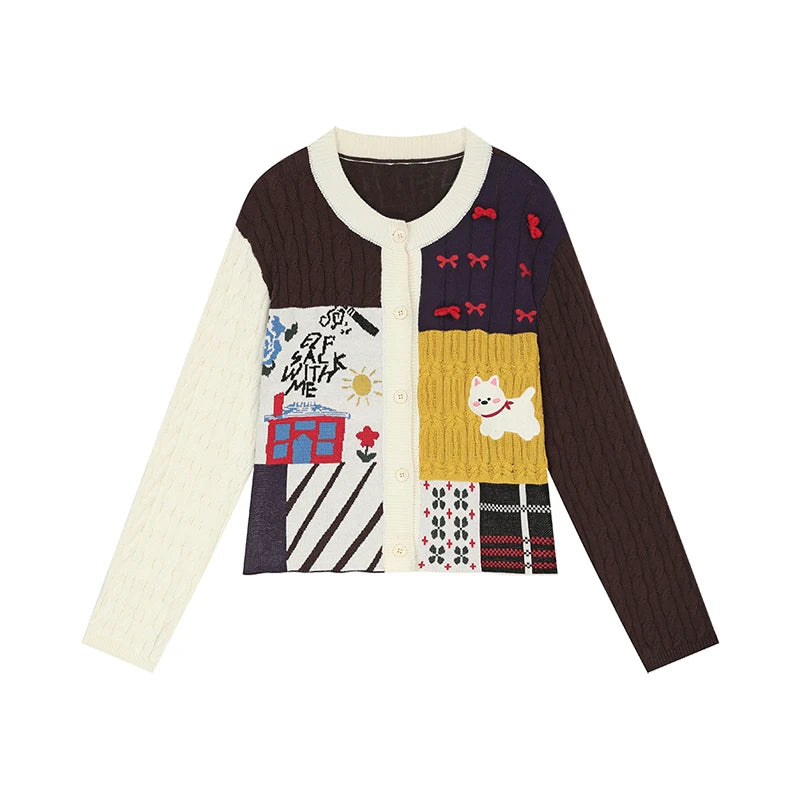 ELFSACK 2025 Autumn New Arrivals Casual Cute Color Block Puppy Cartoon Embroidery Cardigan Sweater For Woman