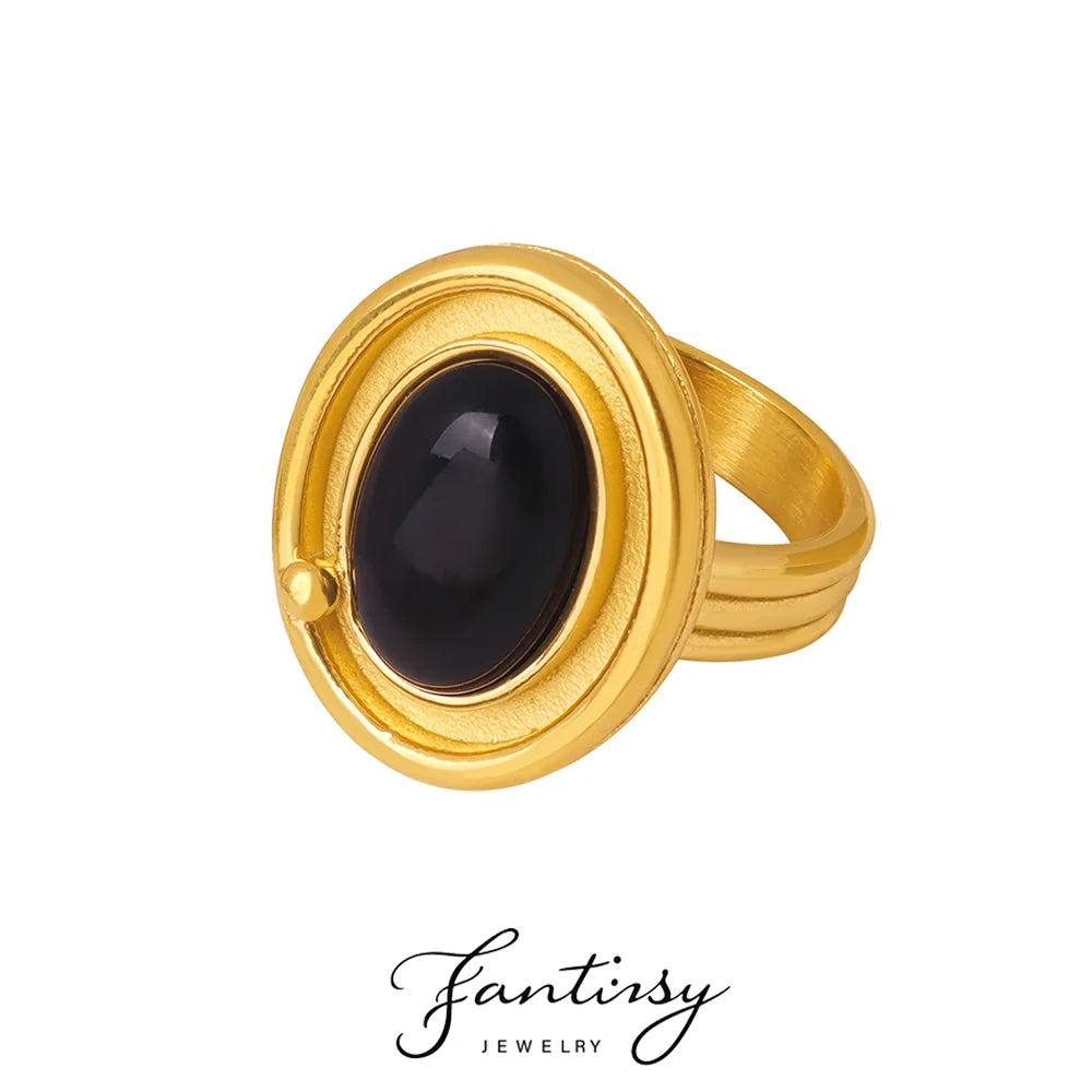 Gothic Style Black Natural Agates Ring for Women High Quality Stainless Steel Gold Plated Large Ring Female Fashion Jewelry