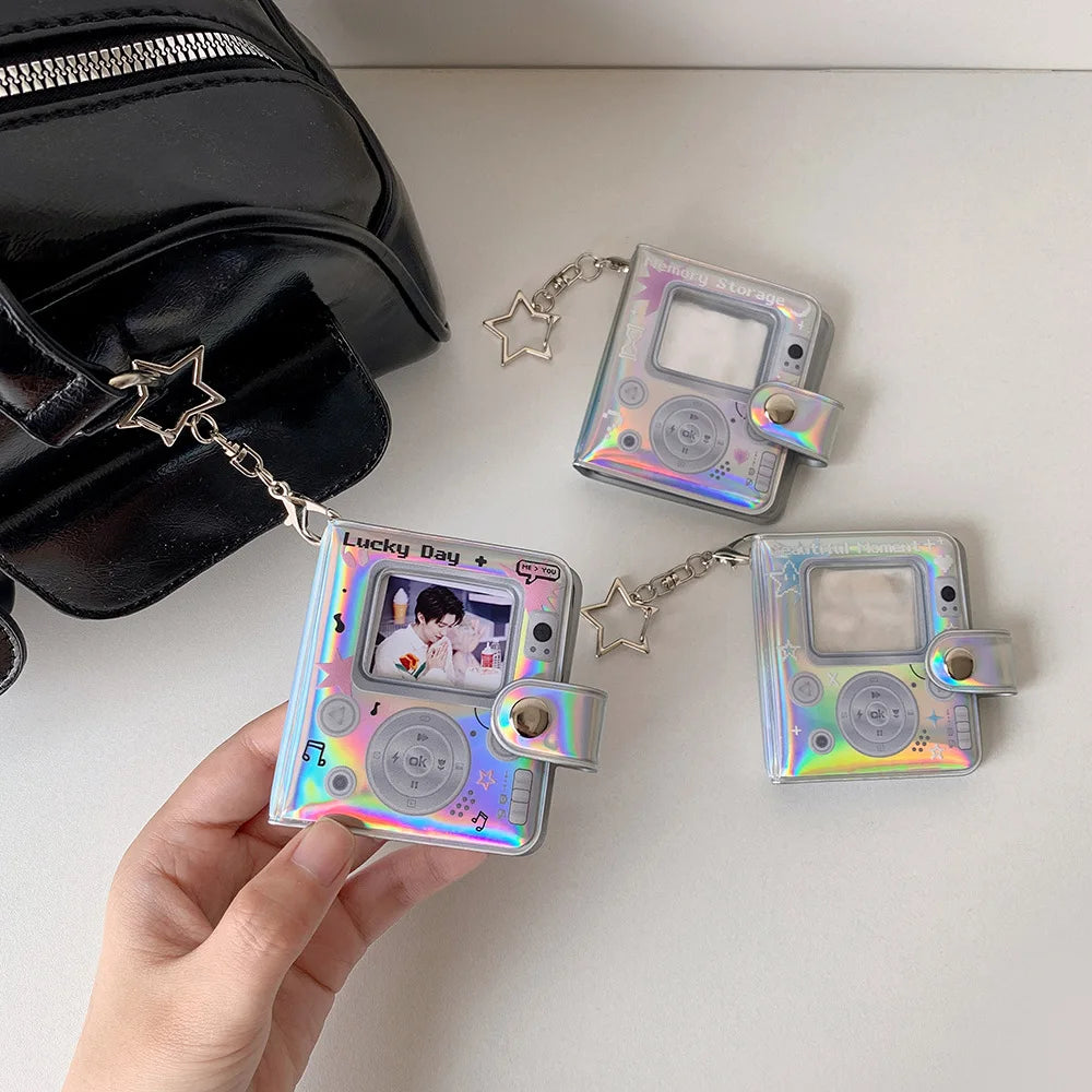 32 Pockets 16 Pages Laser Color Photo Album for 1.4x2.1 Inch Mini Photo Name Card K-pop Star Photocard Album with Keychain