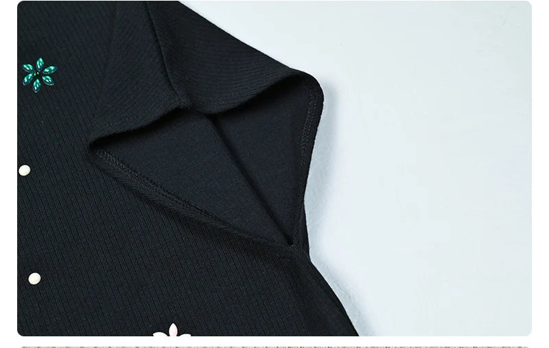 Maxikleid Damen Langarmkleid Blumen und Perlen Oberteil Freizeitkleid Rundhals Schwarz Modal Ripp-Oberteil Größen XS-XXXL
