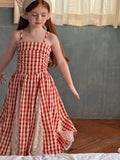 2025 Summer New Strap Dress Fairy Skirt Red Checkered Splicing French Lace Fashion