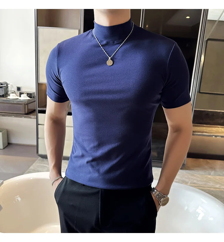 Spring Summer Men's Half High Neck Short Sleeve T-shirt Korean Slim Fit Solid Color Bottom Shirt Casual Cotton Elastic T-shirts