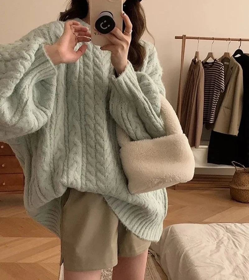 Autumn Winter Women Knit Sweater Korean Oversized Long Sleeve O Neck Pullover Fashion Solid Loose Preppy All Match Jumper Mujer