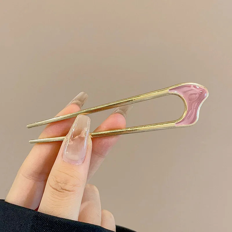Fashion Luxury Silver Gold Color Elegant Shell Enamel Hairpin for Women Metal U Shape Hair Stick Hairwear Accessories Jewelry