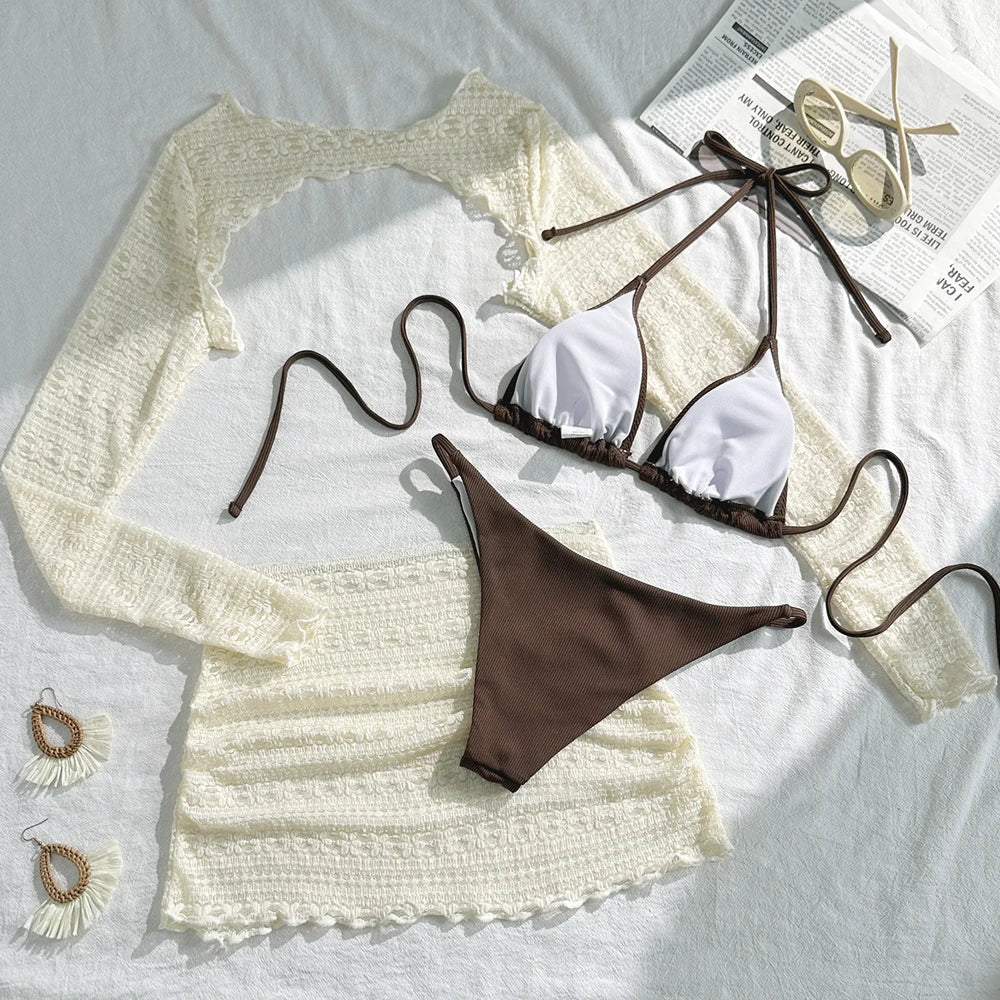 Women Bikini 4 Piece Set Tie Dye/Mesh Lace Long Sleeved Top Skirt Bottom Halter Bikini 2025 New Sexy Slim Beachwear Size S-XL