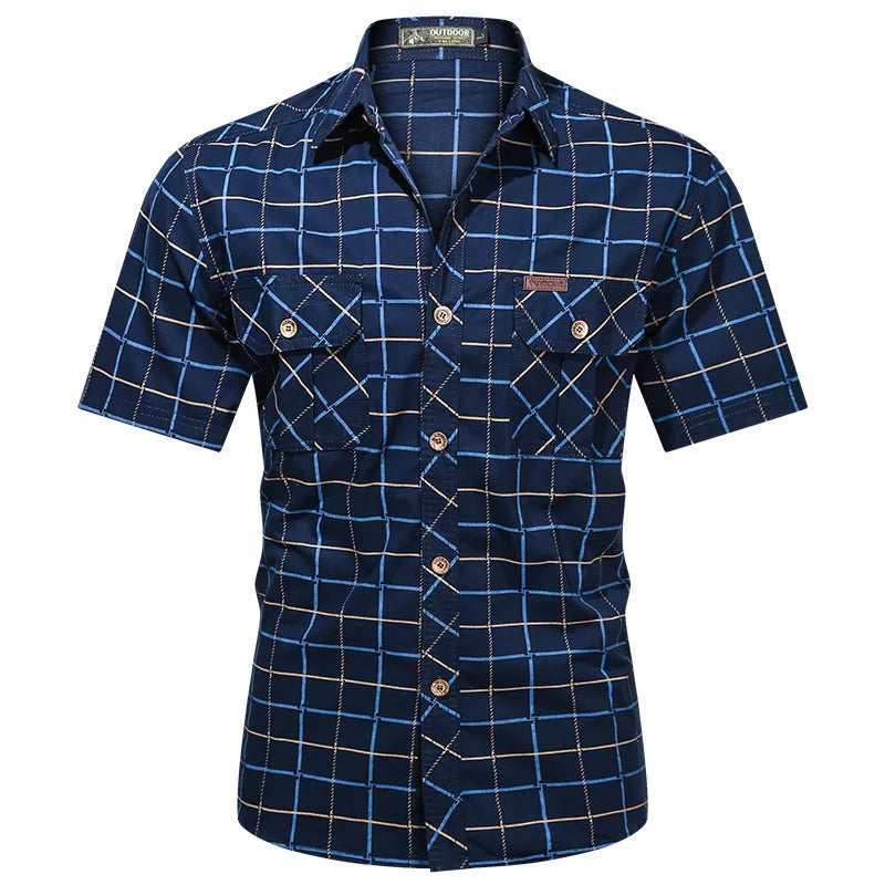 Summer Men's Plaid Shirt Short Sleeve Streetwear Pure Cotton Oversized Casual Shirts Men Clothing Hawaiian Shirt 5XL A2F5009