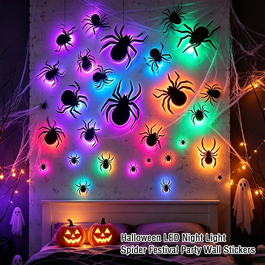 Halloween LED Night Light Spider-Themed Decals Glowing Spider Wall Sticker Party Holiday Decor Home Window Wall Decoration