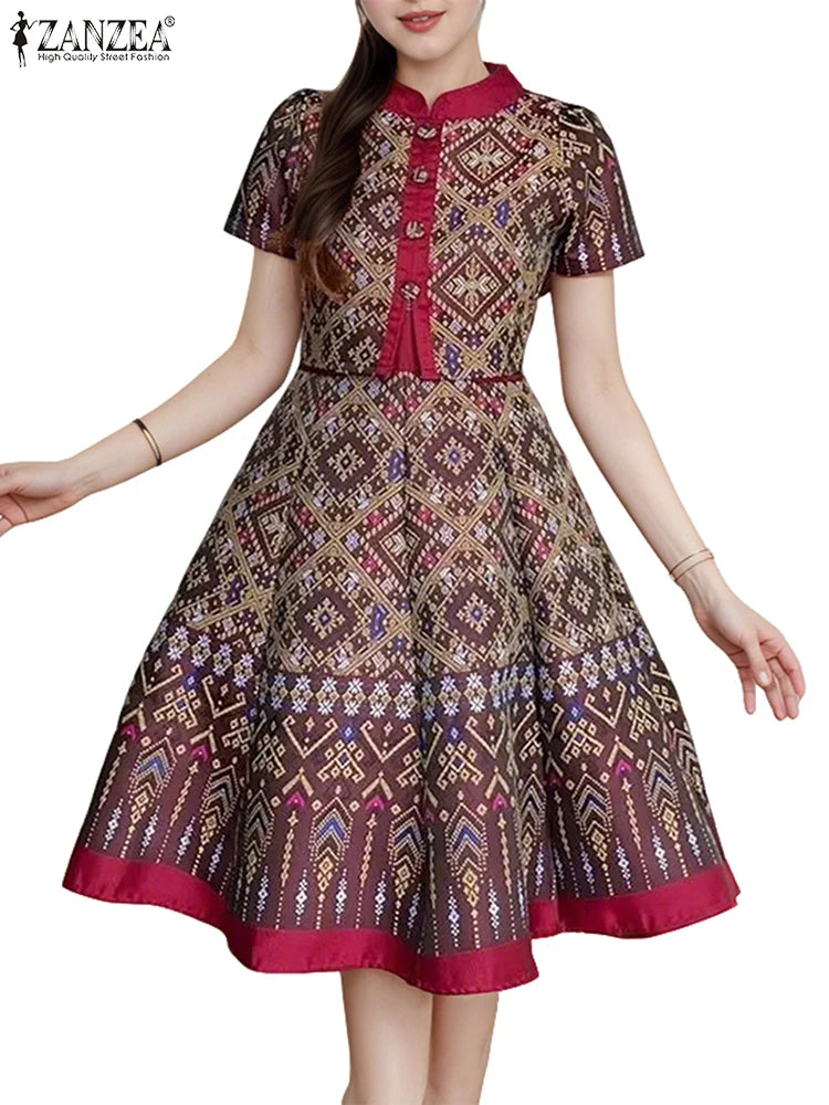 ZANZEA Vintage Geometric Print A-Line Dress Women Fake Two-Piece Stand Collar Short Sleeve Knee-Length Robes Holiday Vestidos