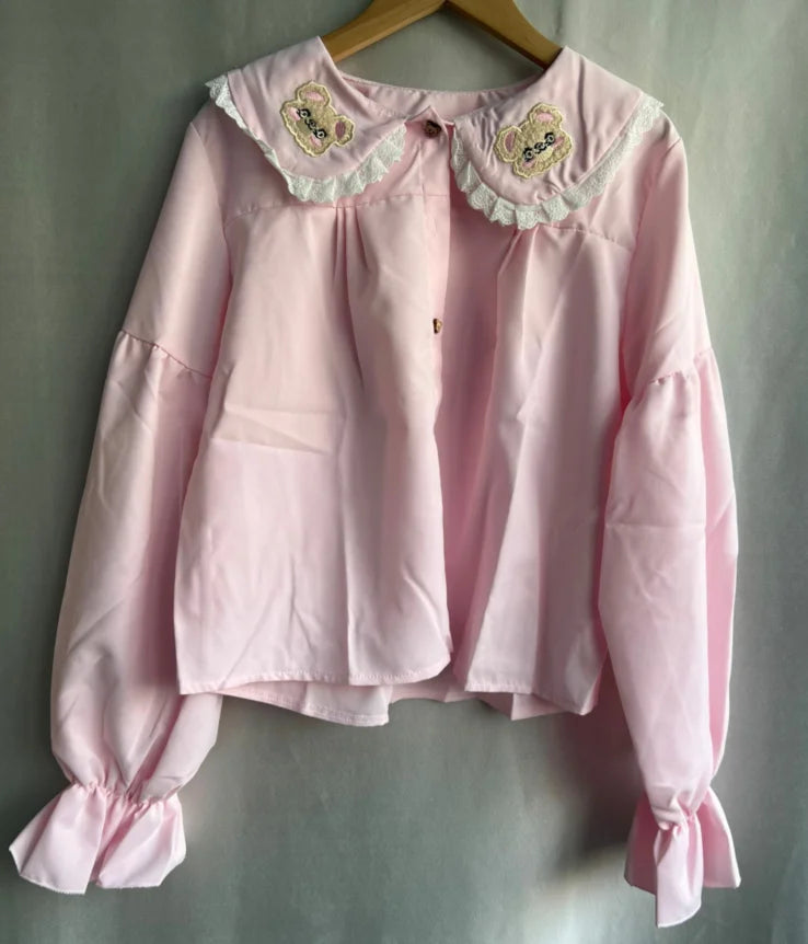 Japanese Lace Patchwork Lolita Sweet Shirt Embroidery Cartoon Kawaii Cute Blouses Harajuku Fairy Peter Pan Collar Grunge Blusas