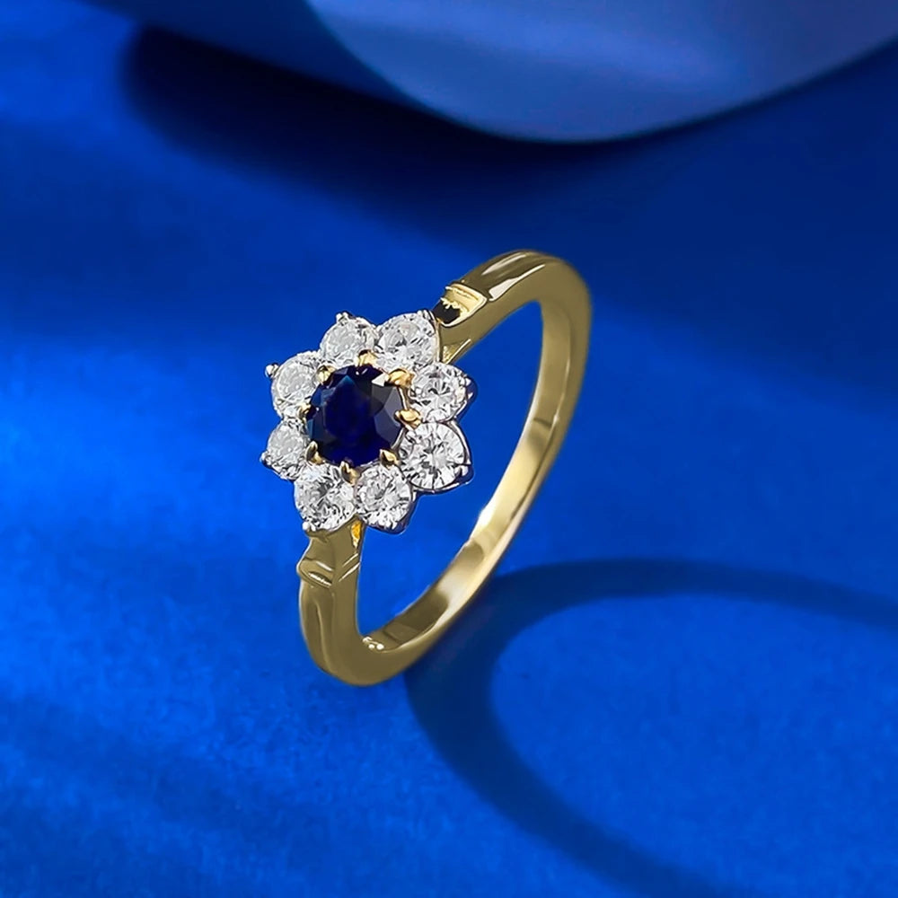 Wong Rain Solid 925 Sterling Silver Round Cut 4 MM Sapphire High Carbon Diamond Gemstone Flower Rings Fine Jewelry Wholesale
