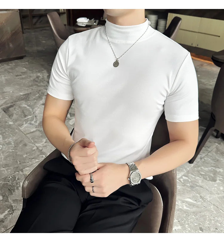 Spring Summer Men's Half High Neck Short Sleeve T-shirt Korean Slim Fit Solid Color Bottom Shirt Casual Cotton Elastic T-shirts
