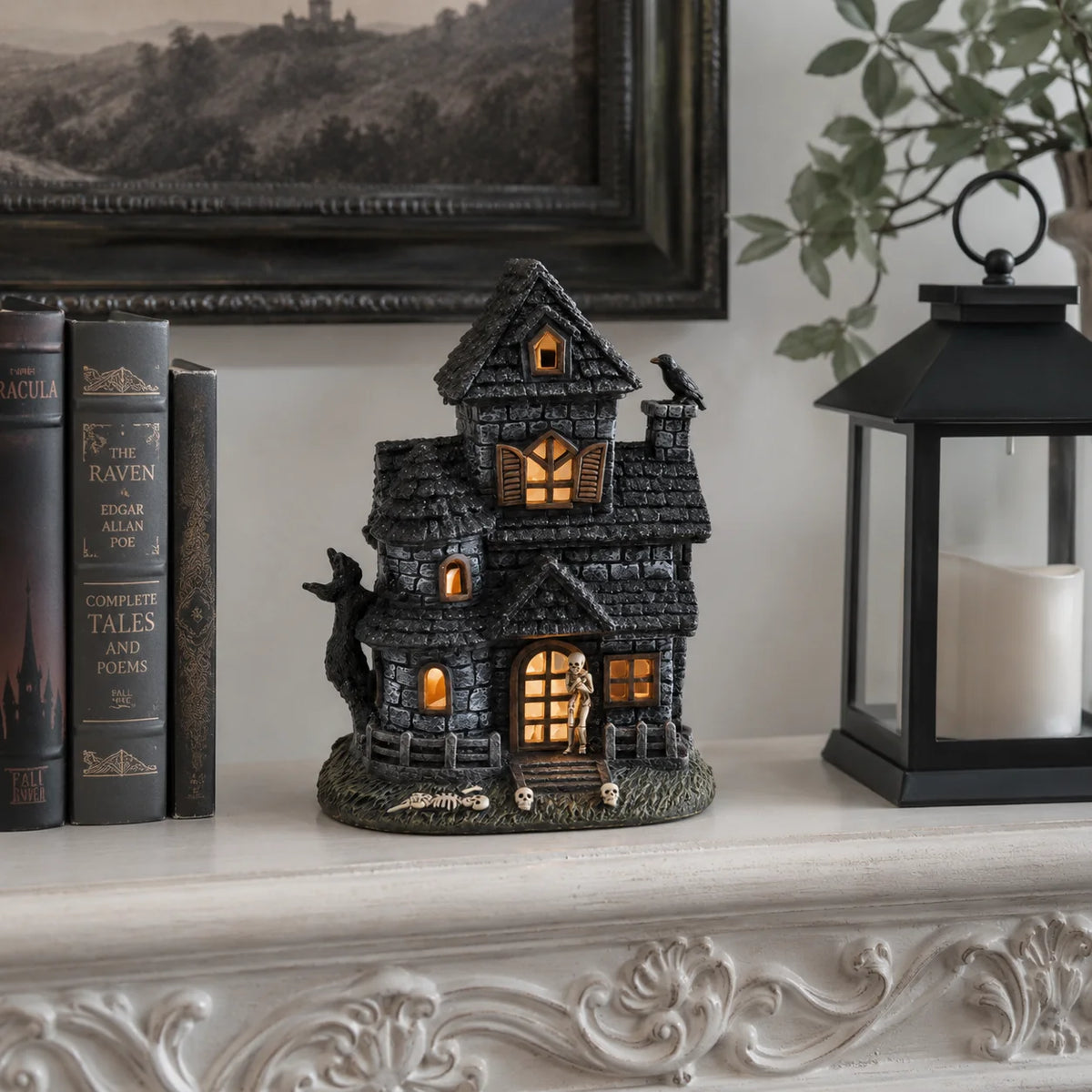 Halloween Lighted Haunted House Resin Figurine with Skeleton & Crow, Spooky Tabletop Ornament for Home Party Decoration