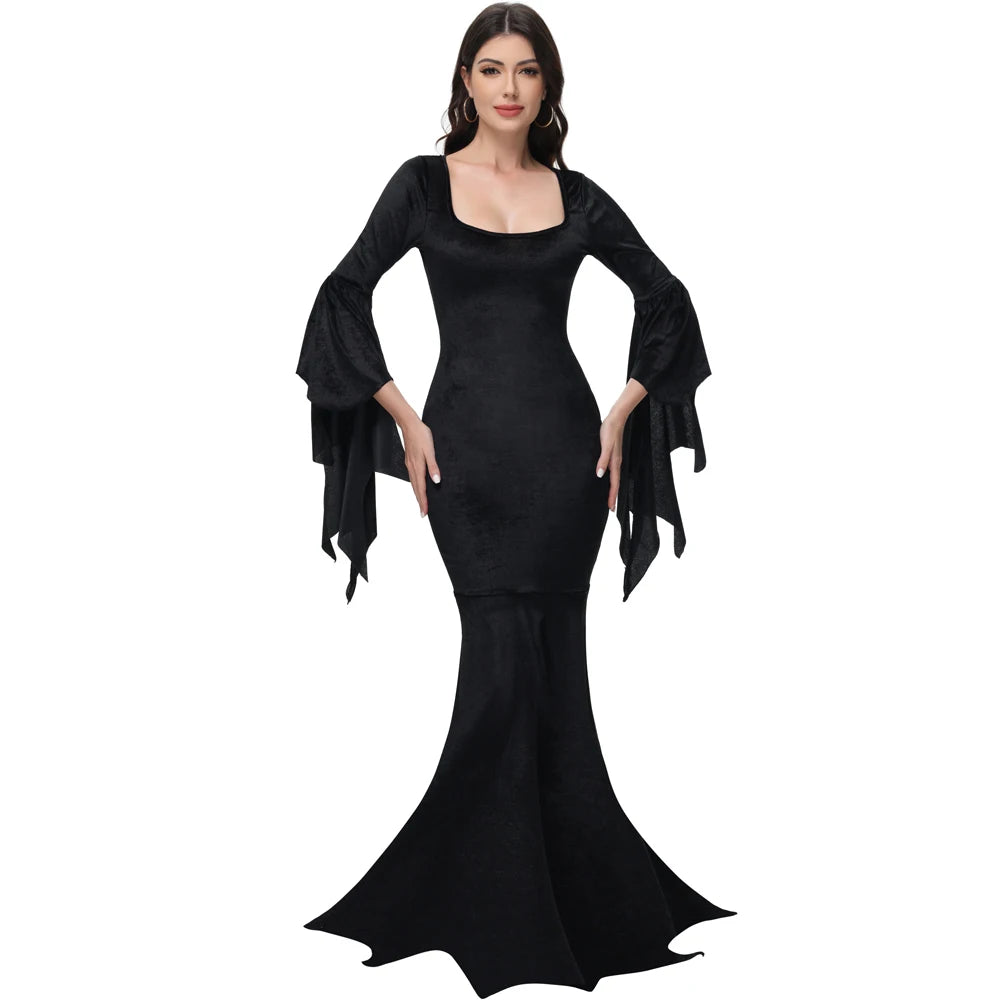 [You're My Secret] Halloween Morticia Adams Primate Black Family Dress Gothic Fishtail Dress Flared Sleeve Bodycon Vestido