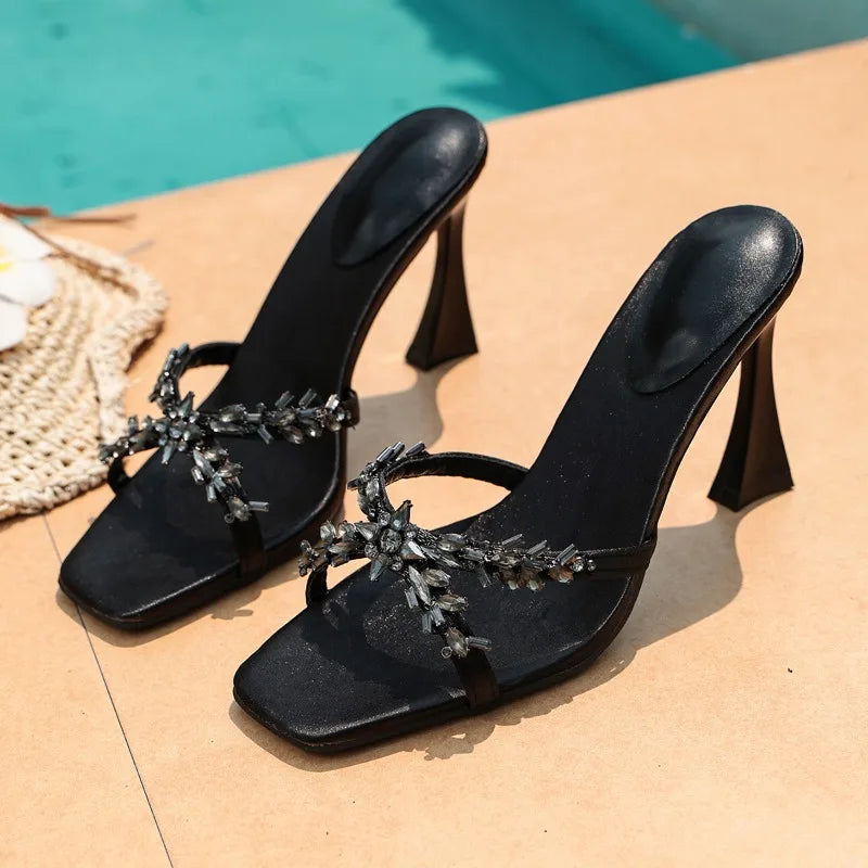 NEW High Quality Luxury Heels Women's Sandals Designer Shoes Rhinestone Square Toe Open Toe Slides Женская Обувь