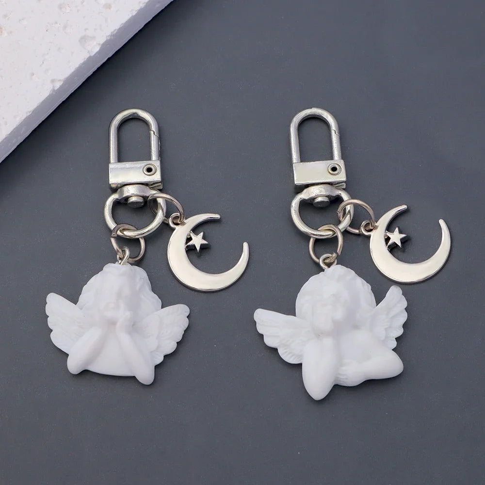 Creative Vintage White Angel Keychain For Women Girl Cute Star Moon Key Chain Car Key Ring Holder Trinket Bag Charms Jewelry