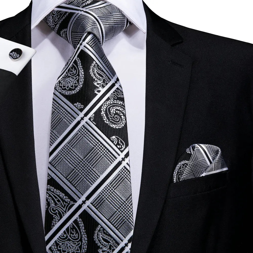 Hi-Tie White Grey Paisley 2026 New Mens Tie Hanky Cufflink Set Necktie For Men Wedding Party Business Men Tie Fashion Brand