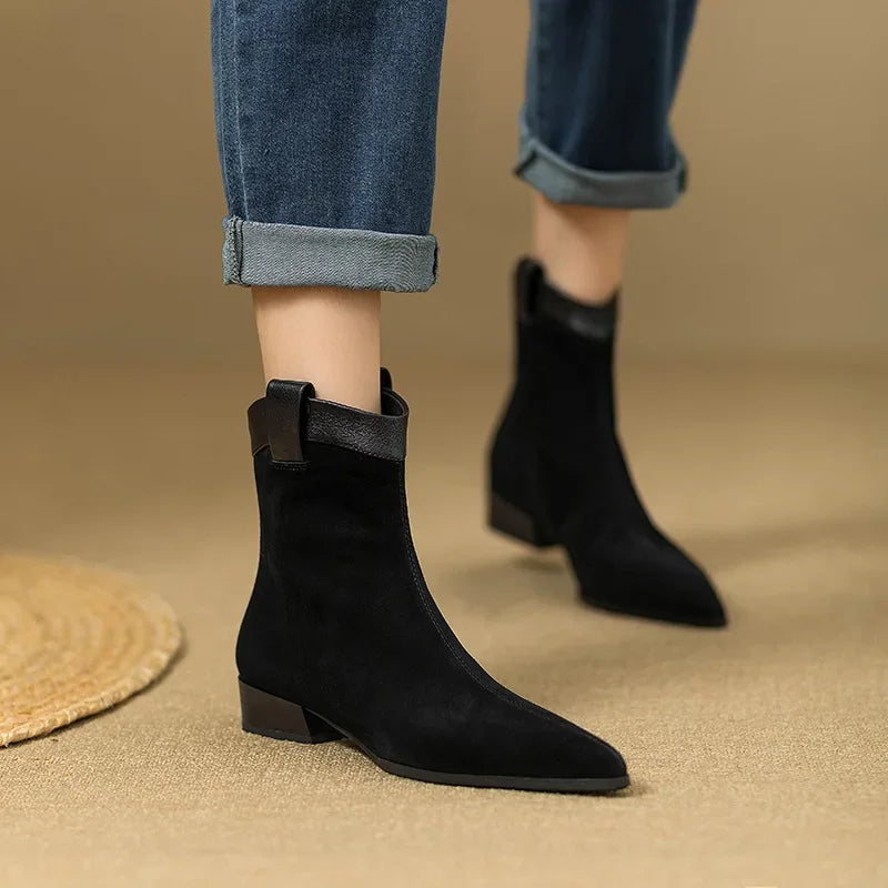 Women's Vintage Chunky Heel Ankle Boots Autumn Winter New Pointy Square Head Suede Back Zipper Soft Sole Non-slip Short Boots