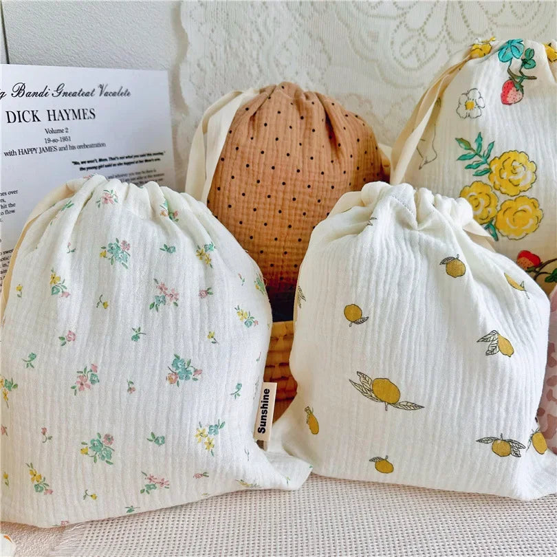 Natural Cotton Mommy Storage Bags Outdoor Baby Diaper Carrier Cute Sunshine Rainbow Printing Drawstring Pouches 27x25cm