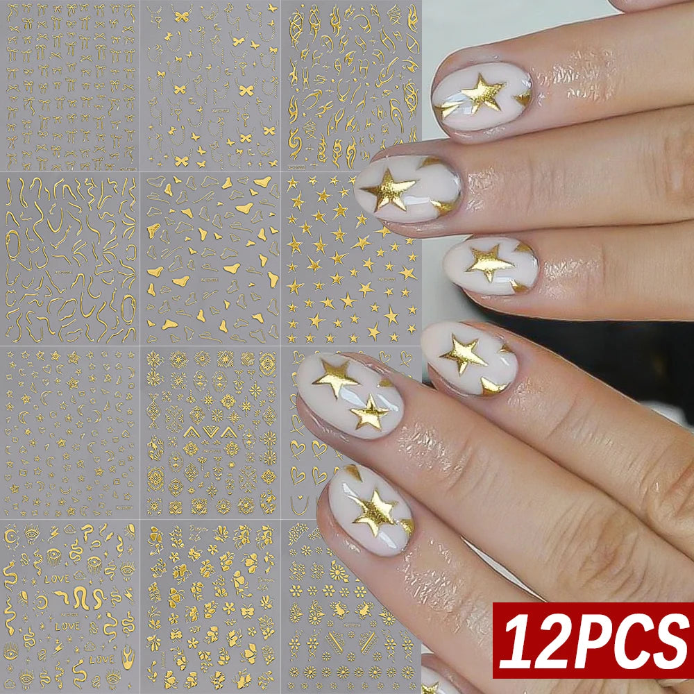 12 pegatinas 3D láser de plata con forma de estrella, corazón, líneas geométricas para uñas, pentagrama, luna, serpiente, flor, autoadhesivas para manicura