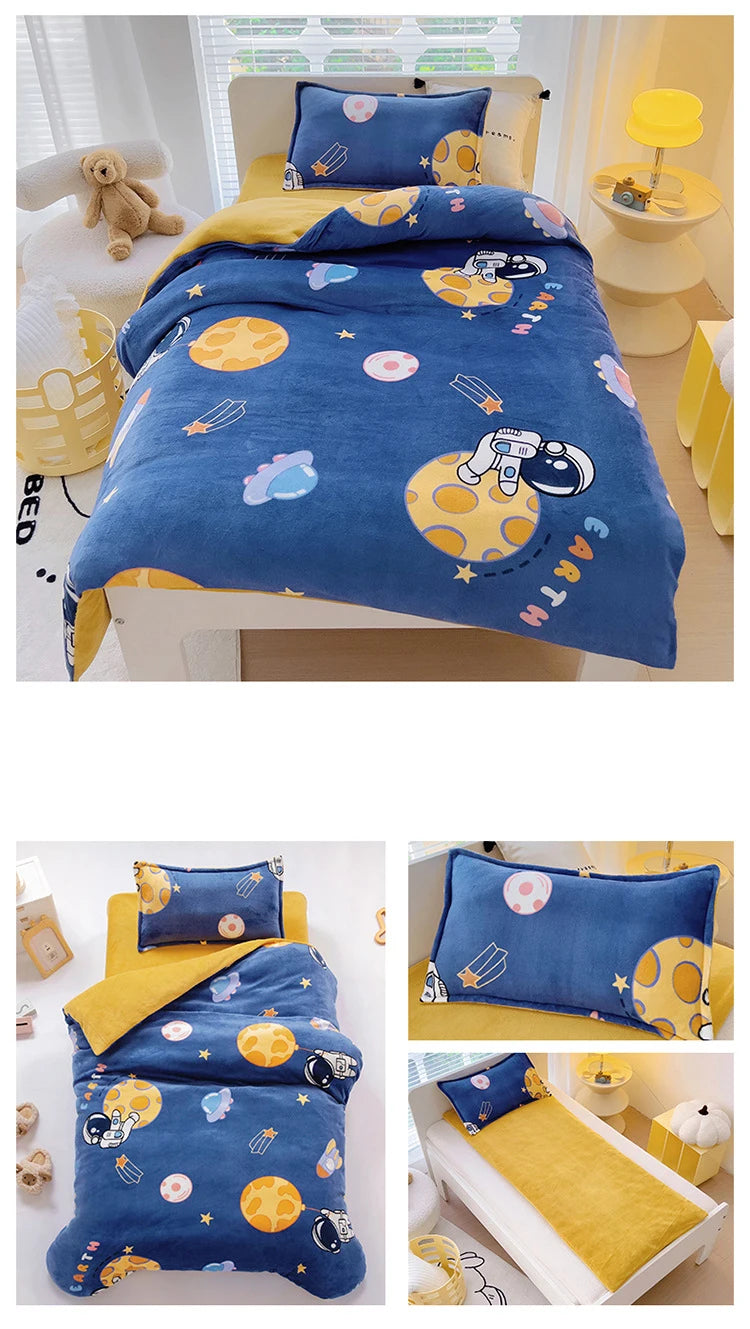 Baby Cartoon Print Bedding Set Duvet Covers Pillowcases Set Autumn Winter Warm Suede Bedclothes Bed Linen CP29