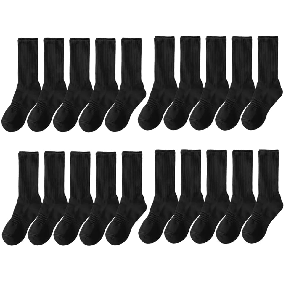 10/20/30Pairs Pure Cotton Men's High Socks Classic Black White Breathable Sweat-Absorbent Warm Elastic Sports Socks