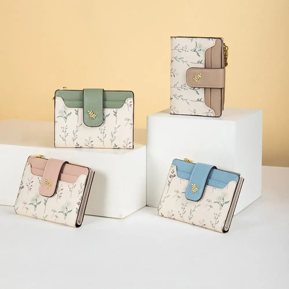 Fashion PU Leather Women Short Wallet Zipper Hasp Small Flowers Card Holder Slim Small Wallet Multi-Cards Coin Purse For Girl