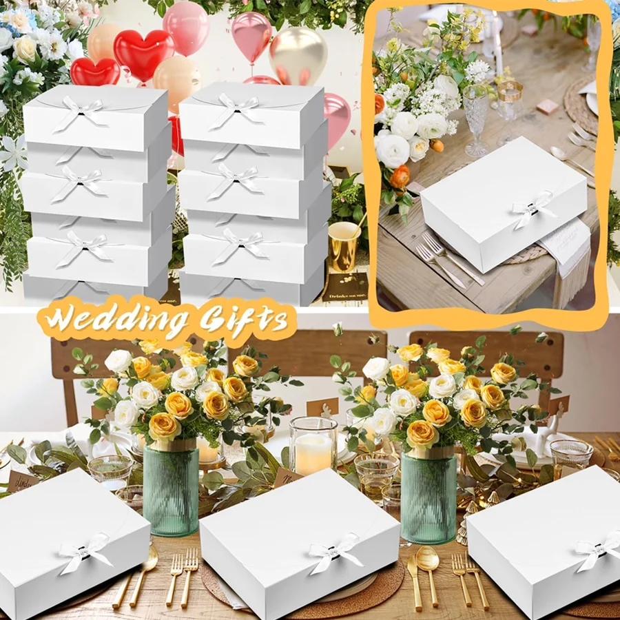 6PCS Large White Gift Box, 27x20x8cm Luxury Wedding Christmas Gift Box for Groomsman Proposal, Birthday Halloween Packaging