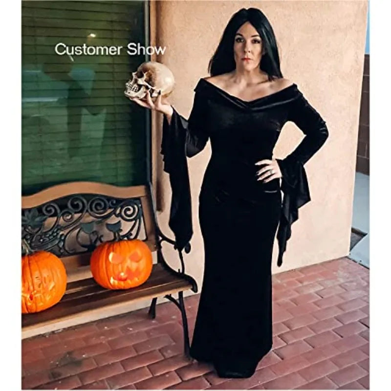 Party Sexy Dress Back Slit Cold Shoulder Women Morticia Addam Evil Halloween Costume Black Gothic Wednesday Outfit For Adult