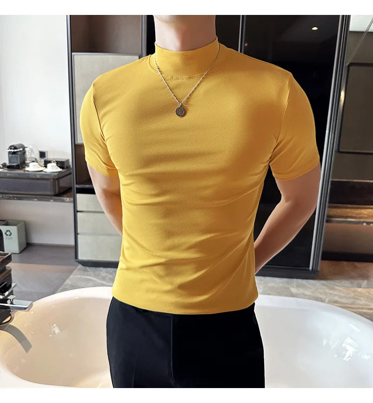 Spring Summer Men's Half High Neck Short Sleeve T-shirt Korean Slim Fit Solid Color Bottom Shirt Casual Cotton Elastic T-shirts