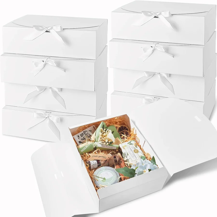 6PCS Large White Gift Box, 27x20x8cm Luxury Wedding Christmas Gift Box for Groomsman Proposal, Birthday Halloween Packaging