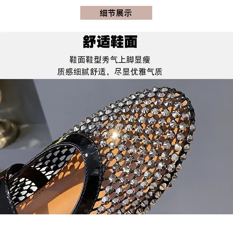 Luxury Crystal Rhinestone Fishnet Ballet Flats Woman Brand Design Rivet Mesh Mary Jane Shoes Ladies Summer Loafers Plus Size 42