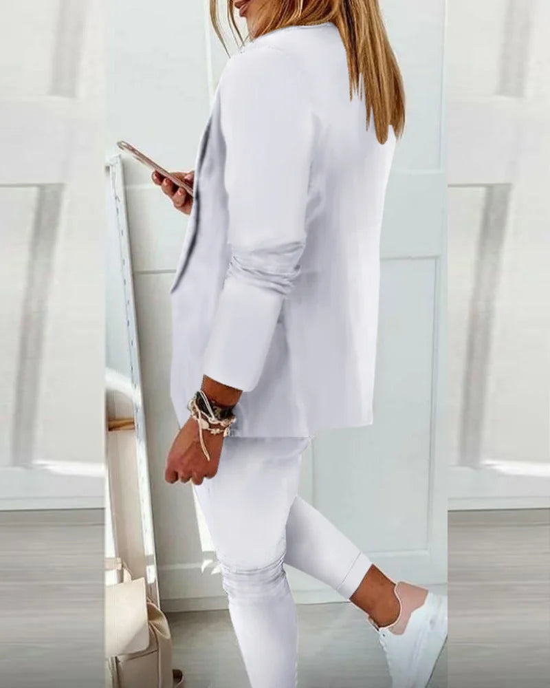 Traje de oficina formal de dos piezas para mujer 2026, conjunto de blazer y pantalón ajustado con bolsillo, solapa, conjuntos de oficina para mujer, chándal de 2 piezas