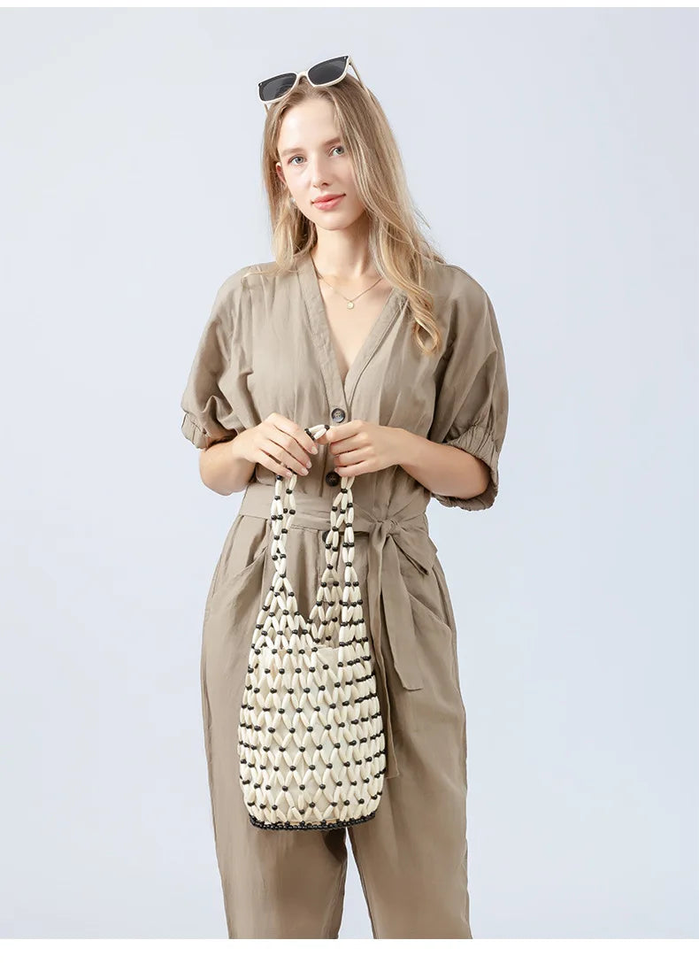 Summer Boho Style Hollow Out Woven Bag for Women Fashion Wooden Beads Shoulder Bag Seaside Holiday Mesh Bucket Tote Bags Bolsa