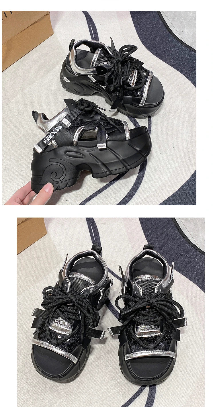New High Platform Sandals Woman Summer Mesh Chunky Sneakers Female Wedges Slippers For Women Peep Toe Sandalia Feminina 8.5CM