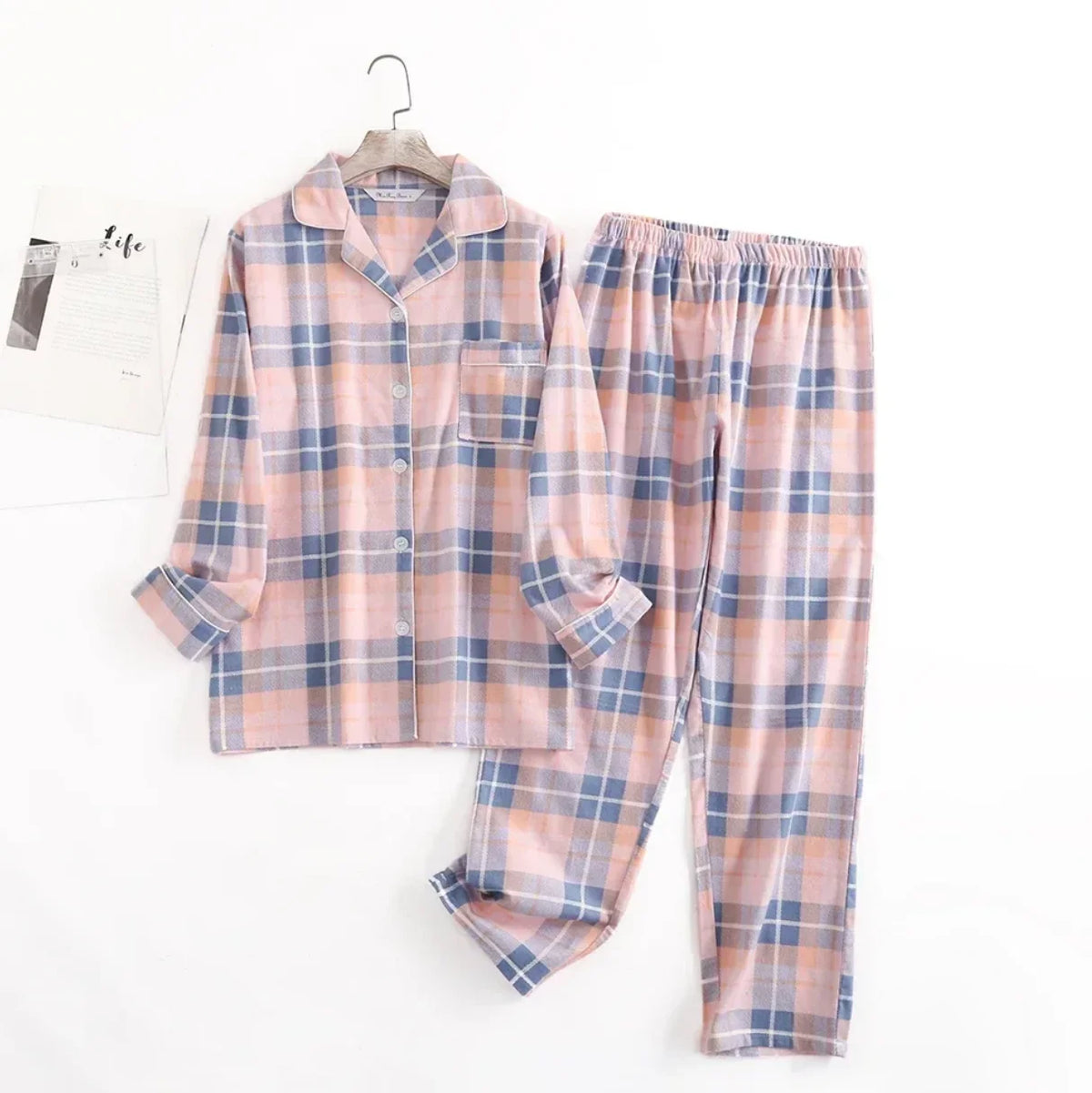Cotton Flannel Women's Long Pants Pajamas Sets for Sleepwear Plaid Design Loose Autumn and Winter Long Sleeve Trouser Suits