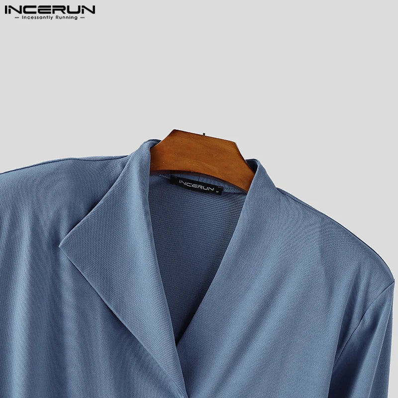 INCERUN Men Irregular Shirt V Neck Long Sleeve Solid Color Men Clothing Loose Pleated Streetwear 2025 Casual Irregular Shirts
