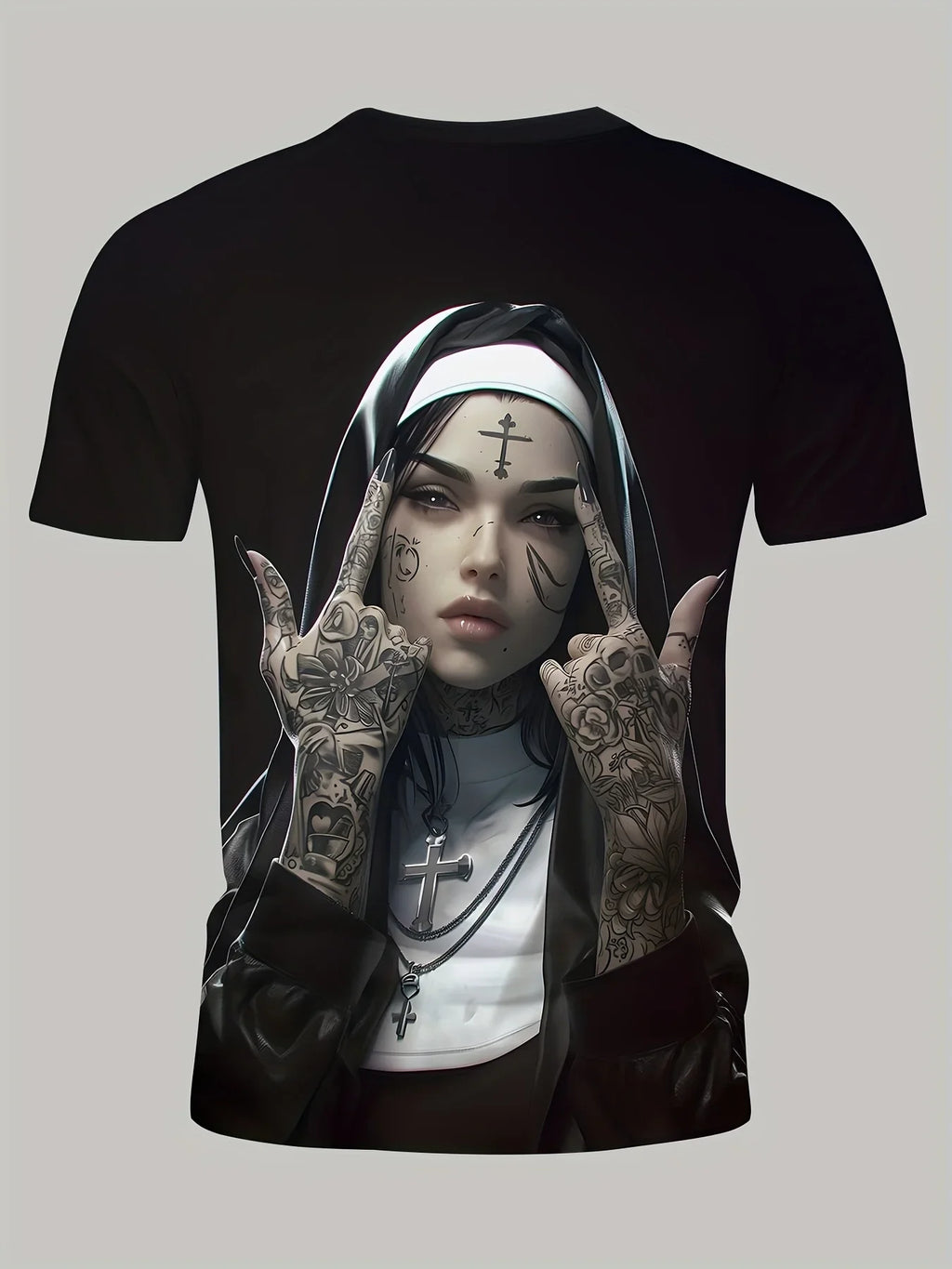 2025 Summer T-shirt Tattoo Nun Men's 3D Pattern T-shirt Casual Round Neck Short Sleeve Gothic Style Comfortable Lightweight Top