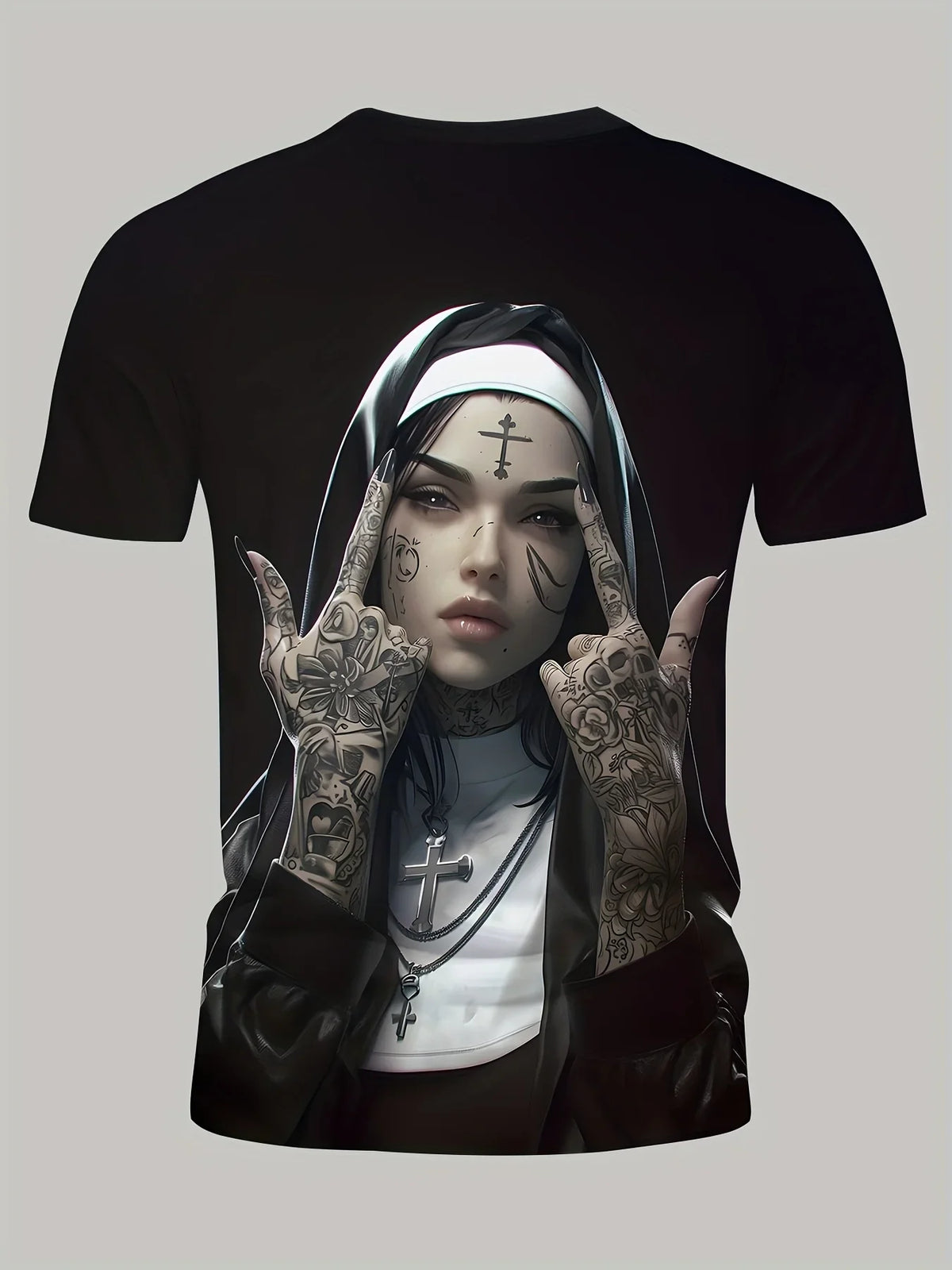 2025 Summer T-shirt Tattoo Nun Men's 3D Pattern T-shirt Casual Round Neck Short Sleeve Gothic Style Comfortable Lightweight Top