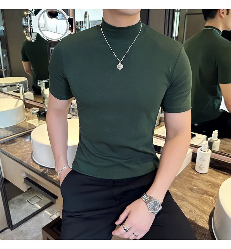 Spring Summer Men's Half High Neck Short Sleeve T-shirt Korean Slim Fit Solid Color Bottom Shirt Casual Cotton Elastic T-shirts